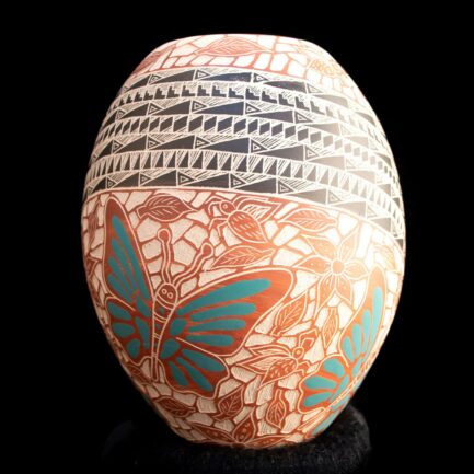 Mata Ortiz Handcrafted Pot with Sgraffito River of Fish, Butterflies, and Insects